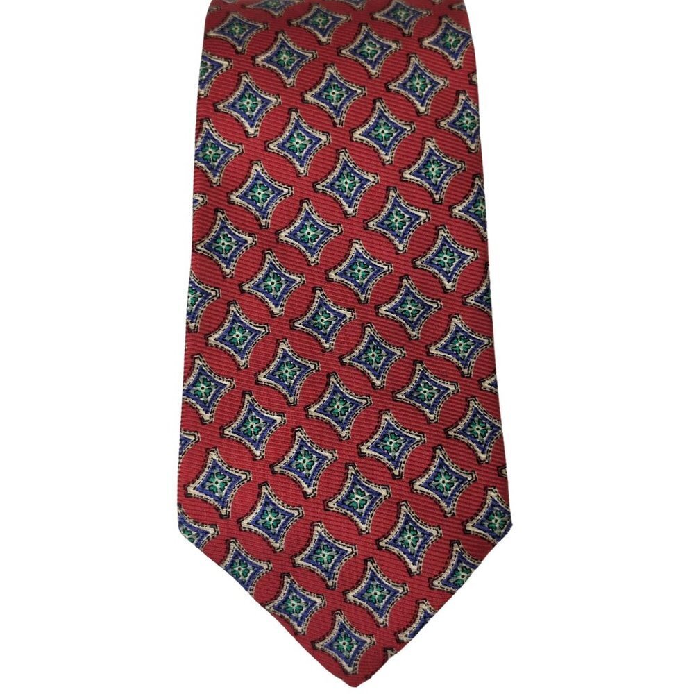 Polo Ralph Lauren‎ Tie Red Blue Green Silk Vintage Hand Made In USA Geometric
